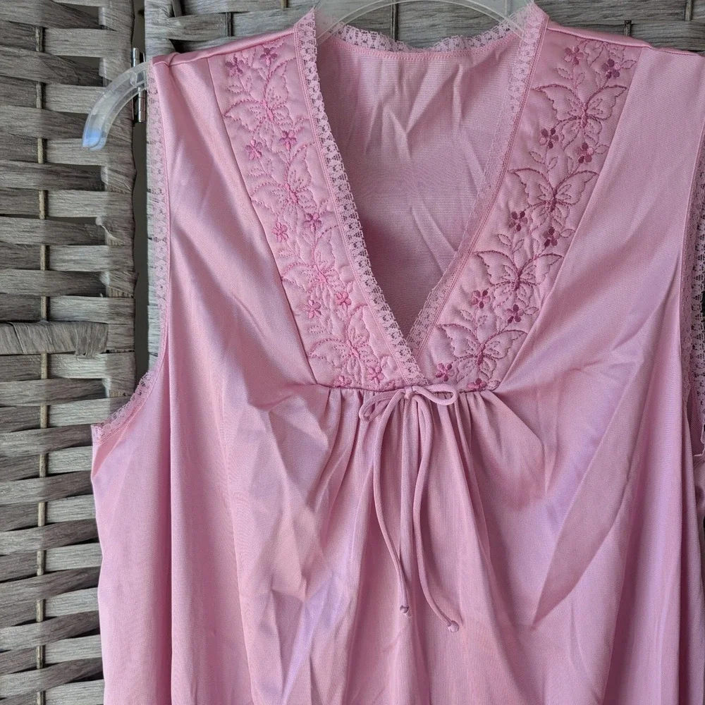 Vtg 80s Deadstock‎ Sleeveless Nightgown Pink Floral Embroidered Lace Trim Sz M